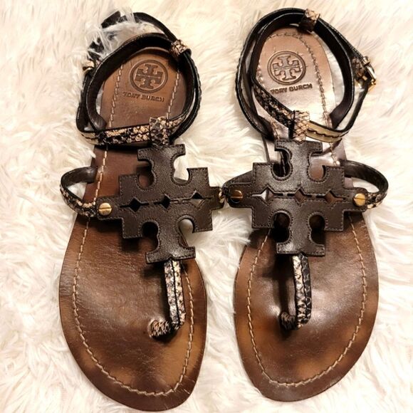 Tory burch Snakeskin Ankle Strap Sandals Brown Size 7 - Picture 1 of 6